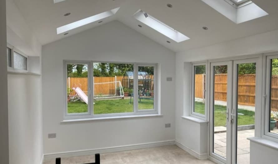 Extension interior with vaulted ceiling and skylights — kitchen space